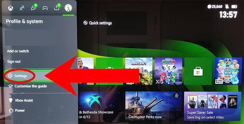 Xbox console settings menu