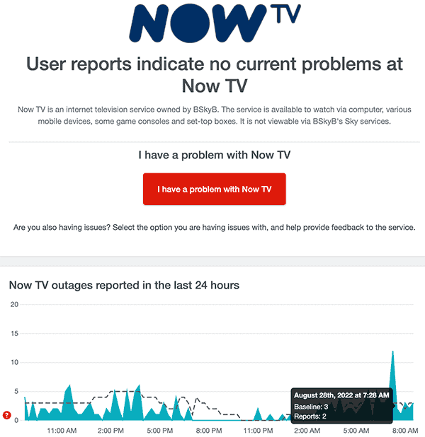 If Now tv is freezing, check the down detector website