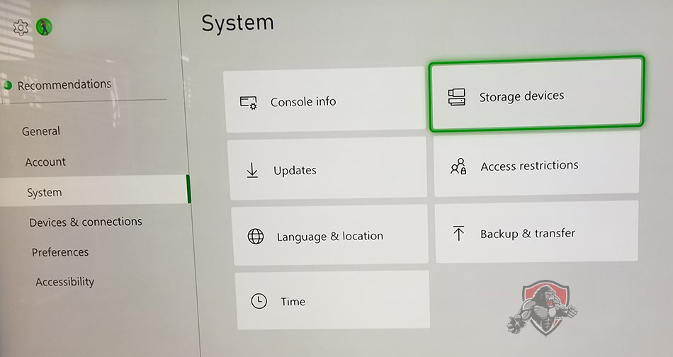 Xbox storage devices settings