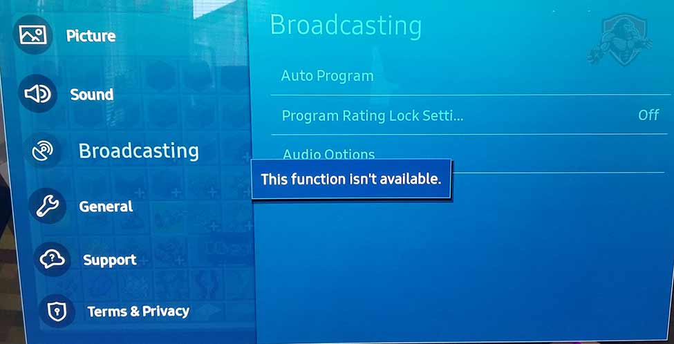 A screenshot of Samsung TV broadcasting greyed out