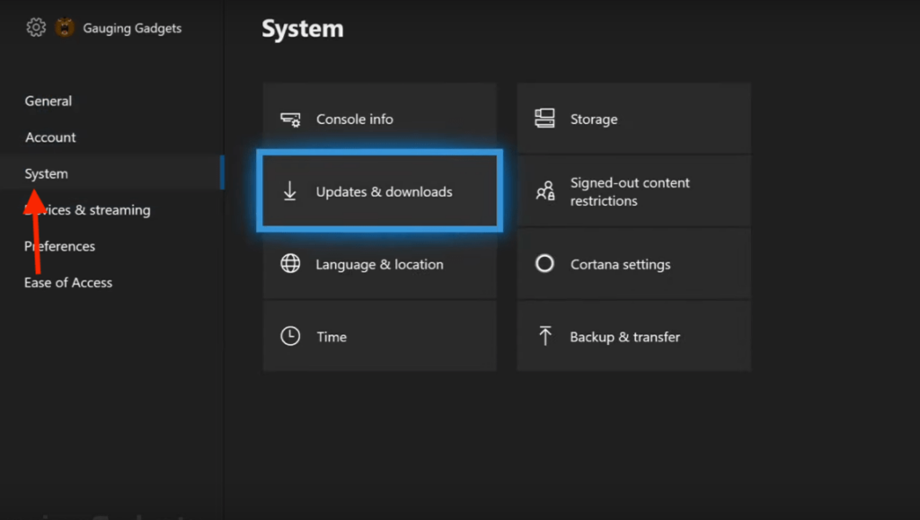 Screenshot on how to update Xbox